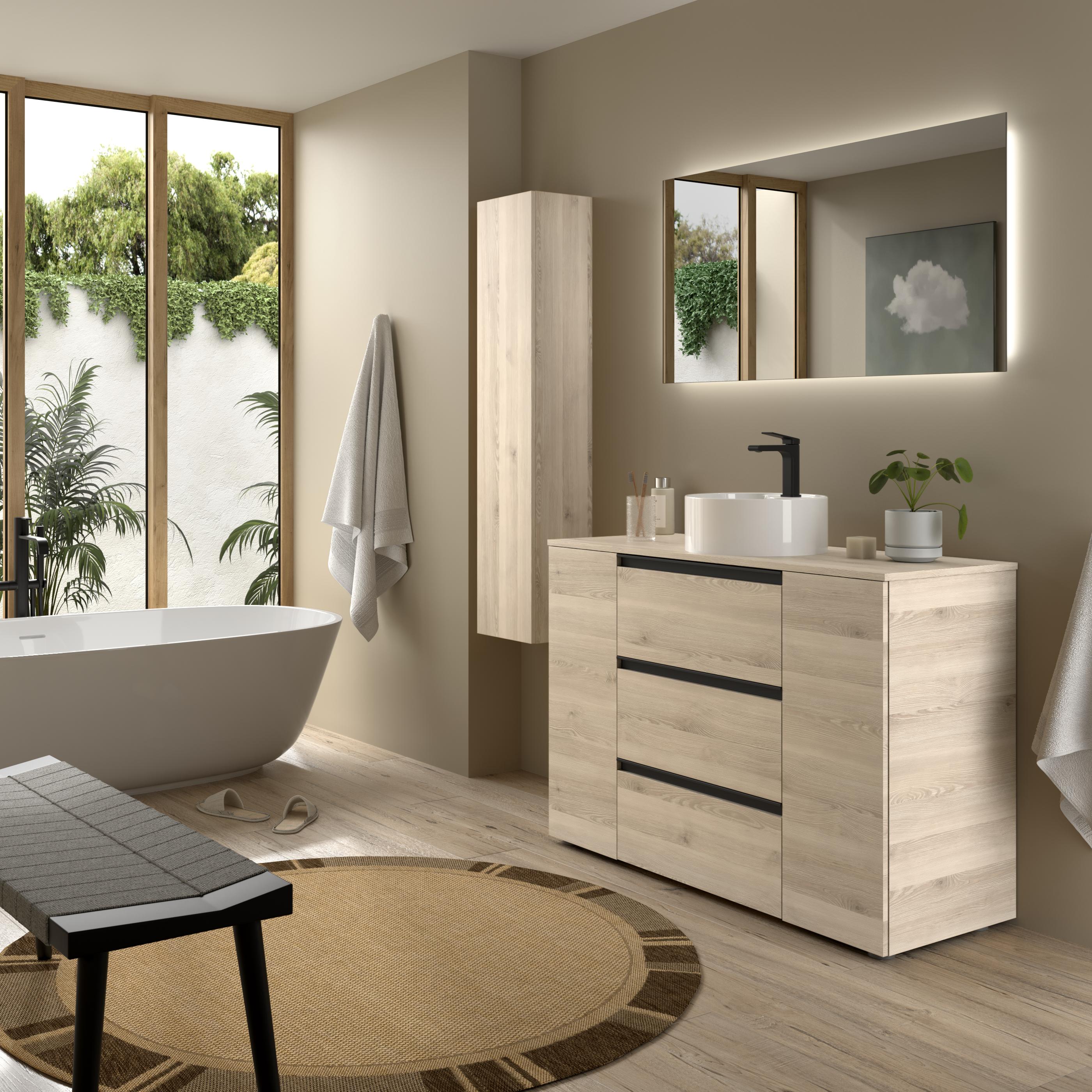 Imagen 3 de Mueble de baño 3C con 3 cajones con 1 puerta y lavabo sobre encimera de 1 poza lado reversible Bequia Plus Metal Salgar - Natural 120 cm Natural