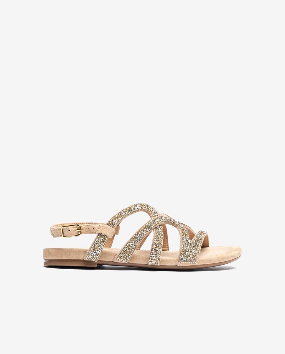 Unisa - Sandalias planas de mujer de ante con brillantes.