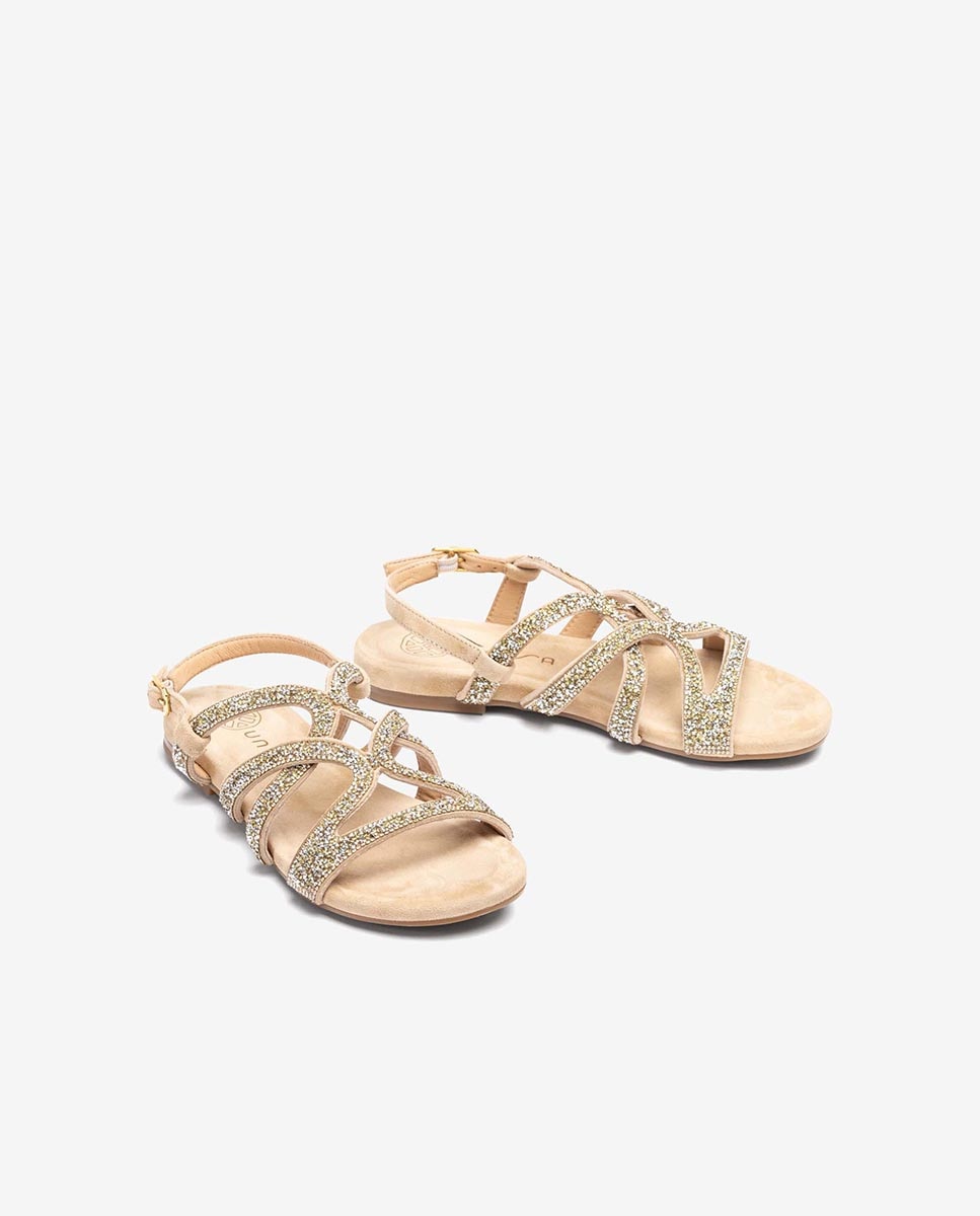 Sandalias planas de mujer de ante con brillantes - Unisa - Beige Beige-2