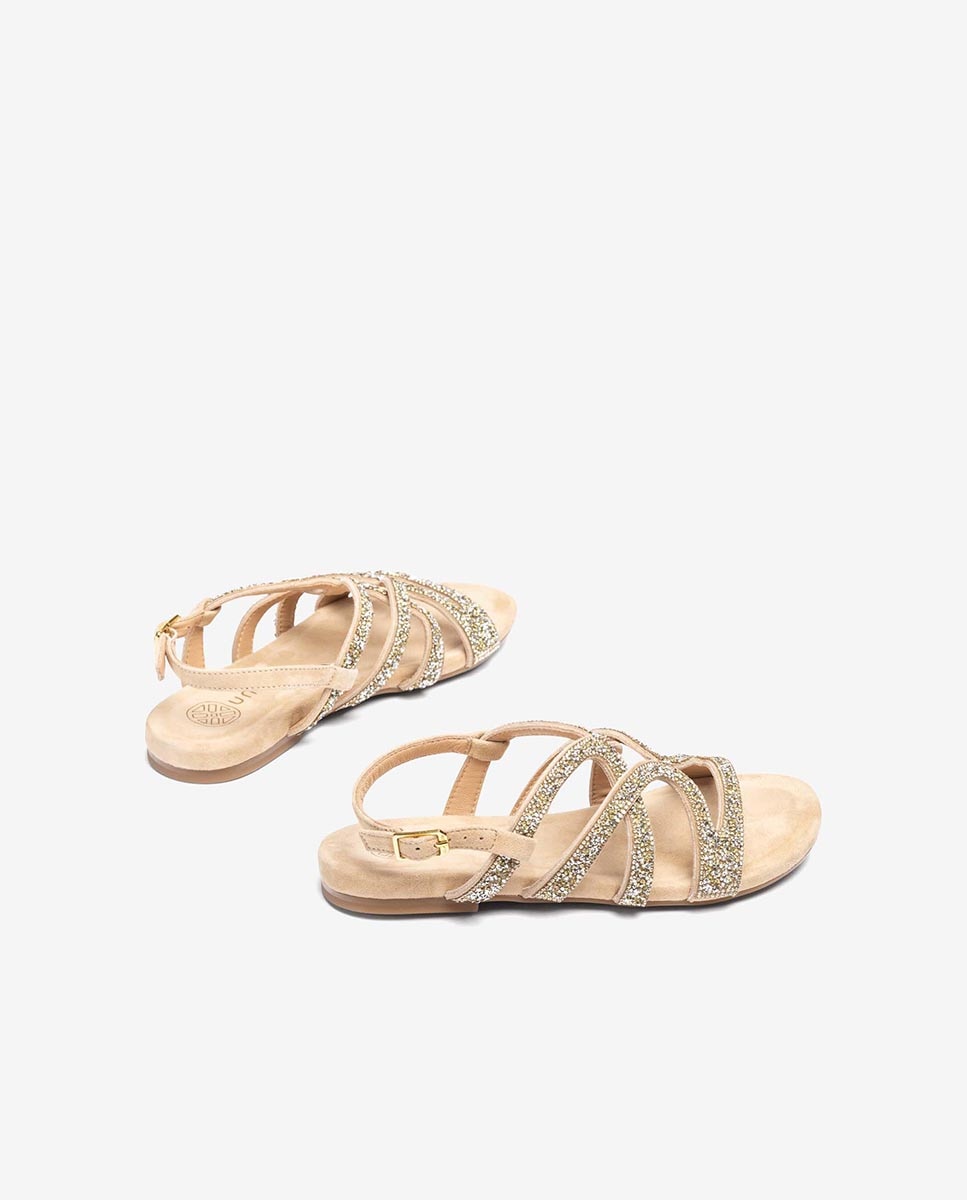 Sandalias planas de mujer de ante con brillantes - Unisa - Beige Beige-3