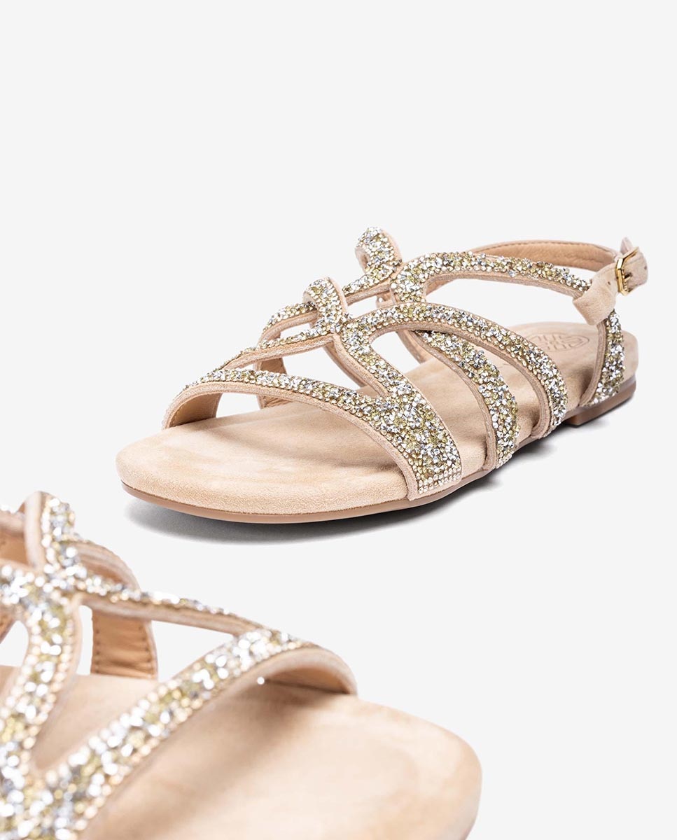 Sandalias planas de mujer de ante con brillantes - Unisa - Beige Beige-4