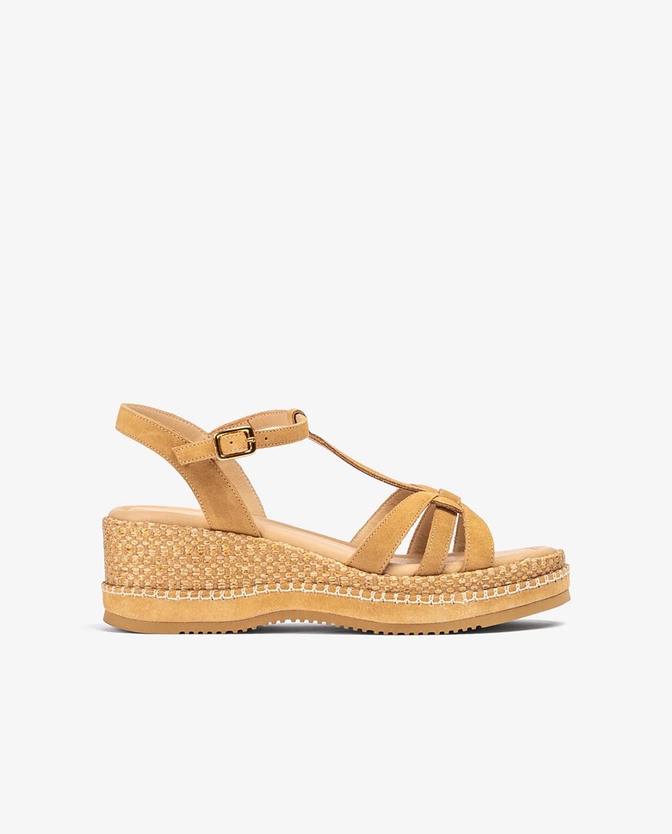 Sandalias de cuña de mujer forrada de piel y piso eva - Unisa - Camel Camel-1