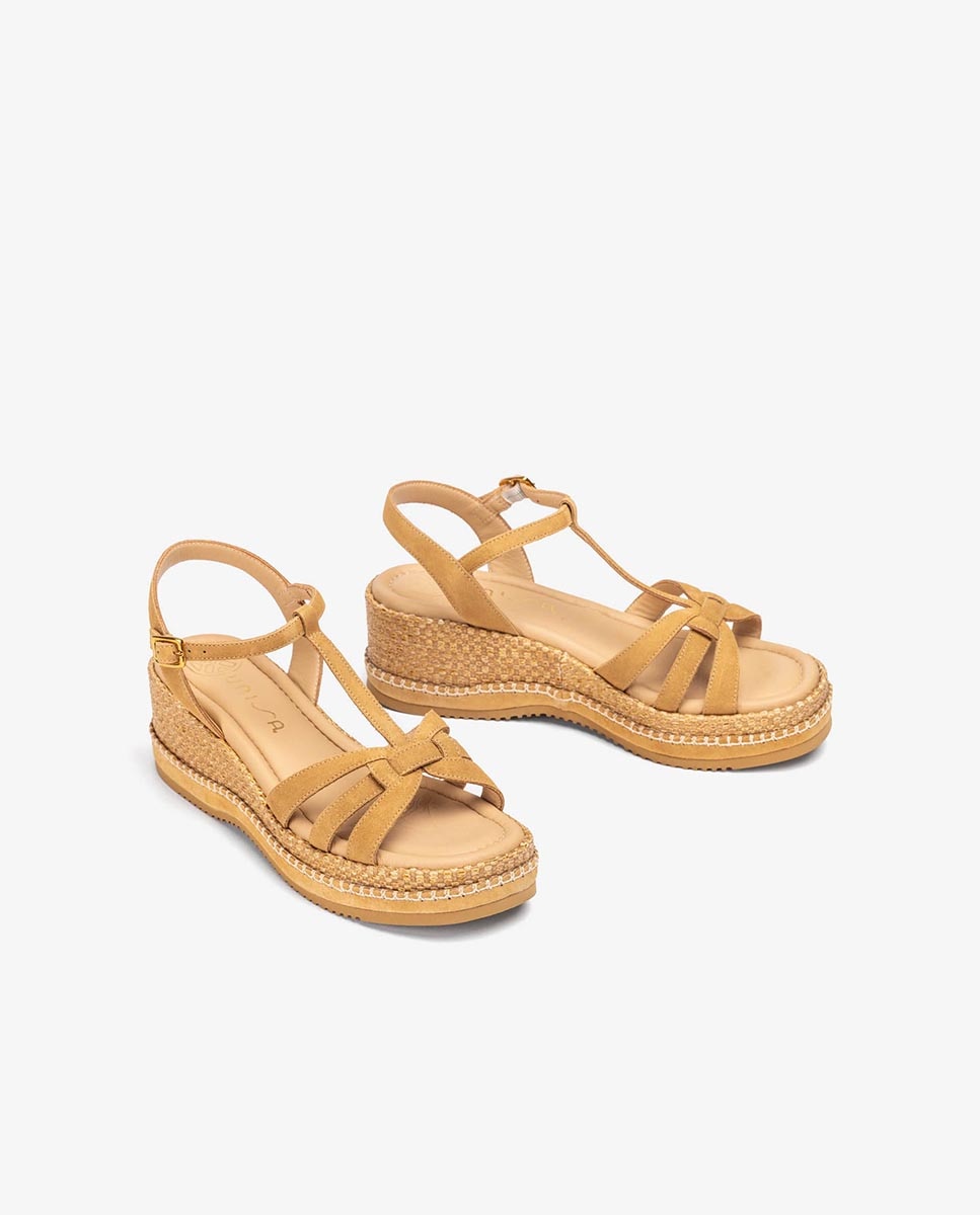 Sandalias de cuña de mujer forrada de piel y piso eva - Unisa - Camel Camel-3