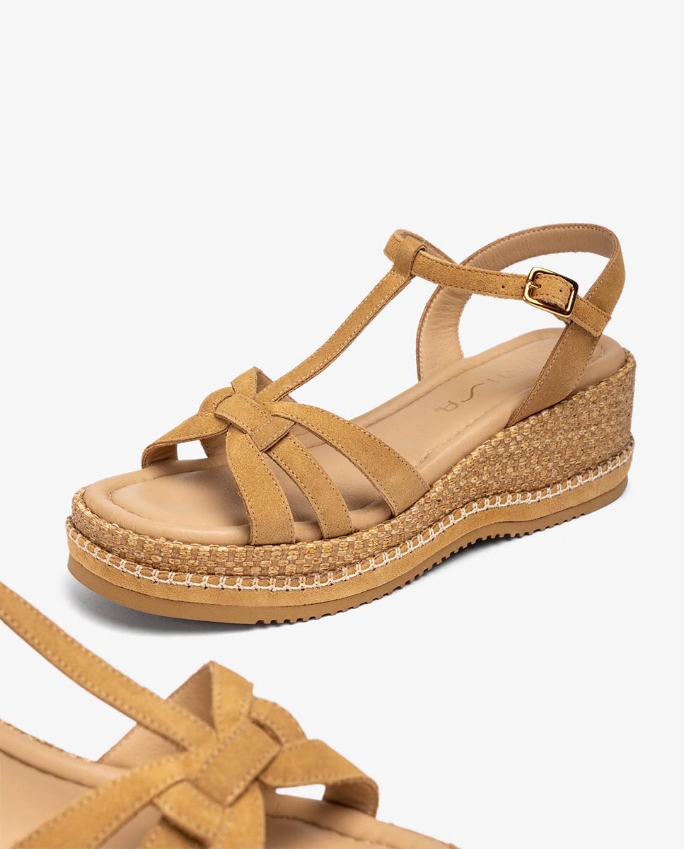 Sandalias de cuña de mujer forrada de piel y piso eva - Unisa - Camel Camel-5