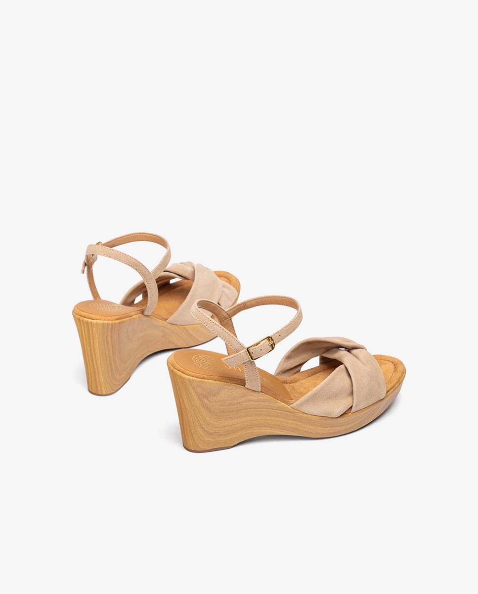 Sandalias de cuña de mujer de ante con detalle nudo - Unisa - Beige Beige-4