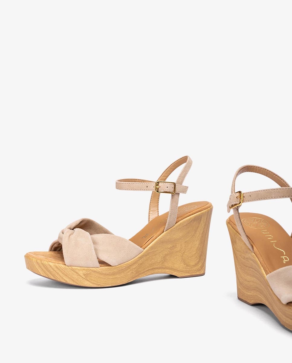 Sandalias de cuña de mujer de ante con detalle nudo - Unisa - Beige Beige-5