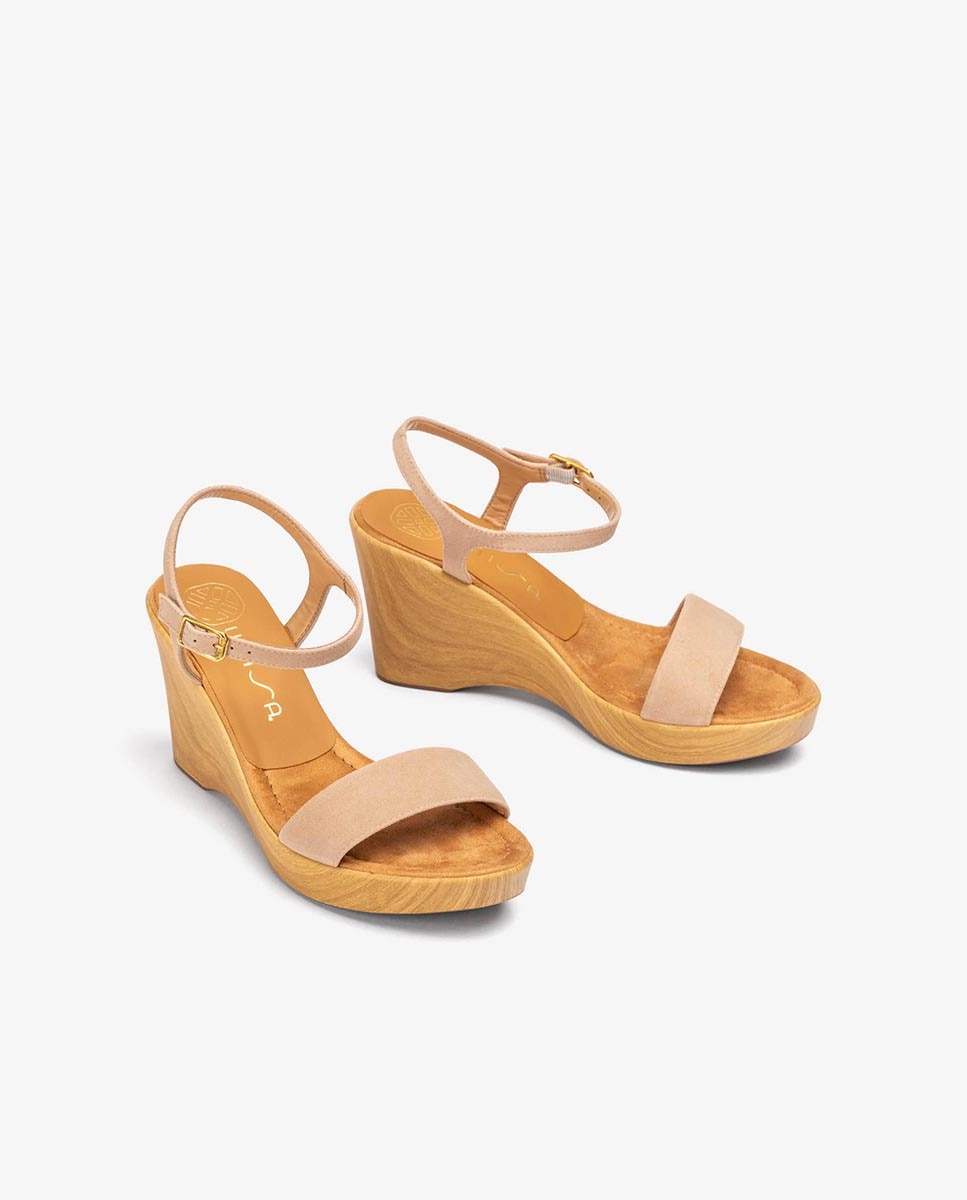 Sandalias de cuña de mujer de ante de efecto madera - Unisa - Beige Beige-3