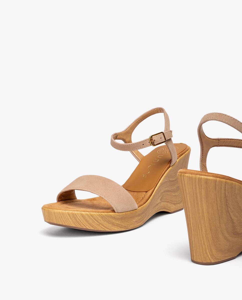 Sandalias de cuña de mujer de ante de efecto madera - Unisa - Beige Beige-4