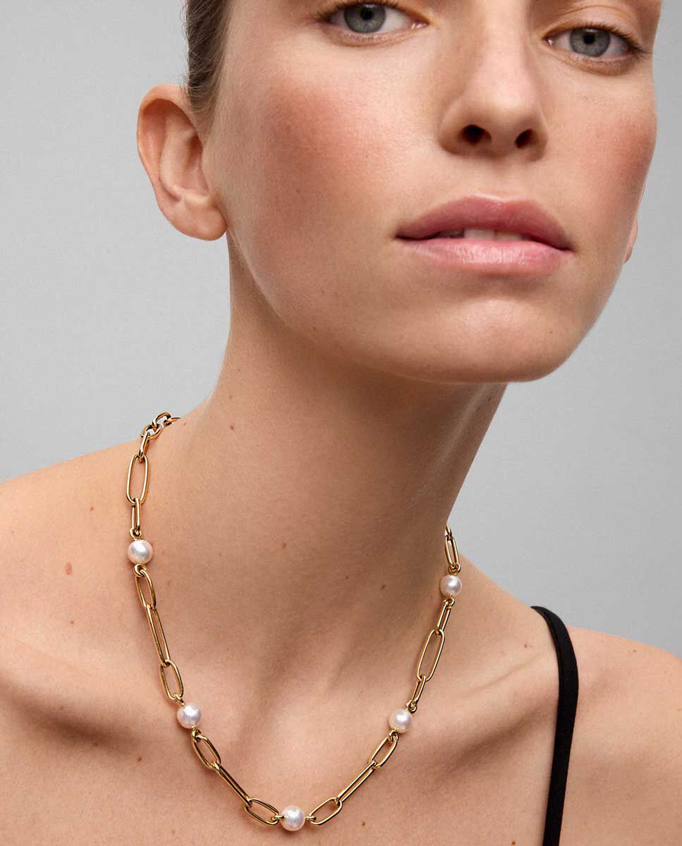 Collar de eslabones de oro amarillo de 18K con 5 perlas Akoya de 8mm - SUAREZ - Oro Oro-2