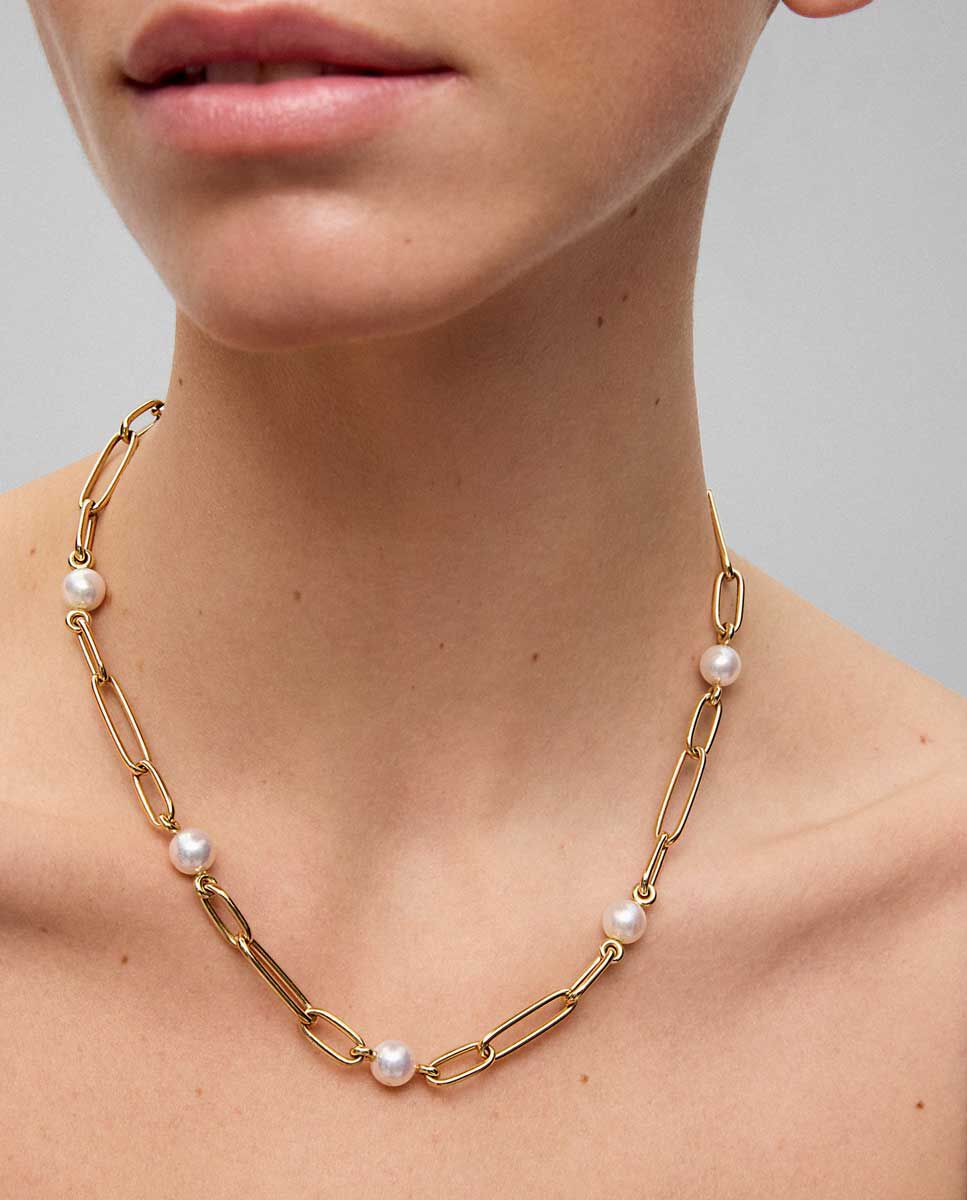 Collar de eslabones de oro amarillo de 18K con 5 perlas Akoya de 8mm - SUAREZ - Oro Oro-4