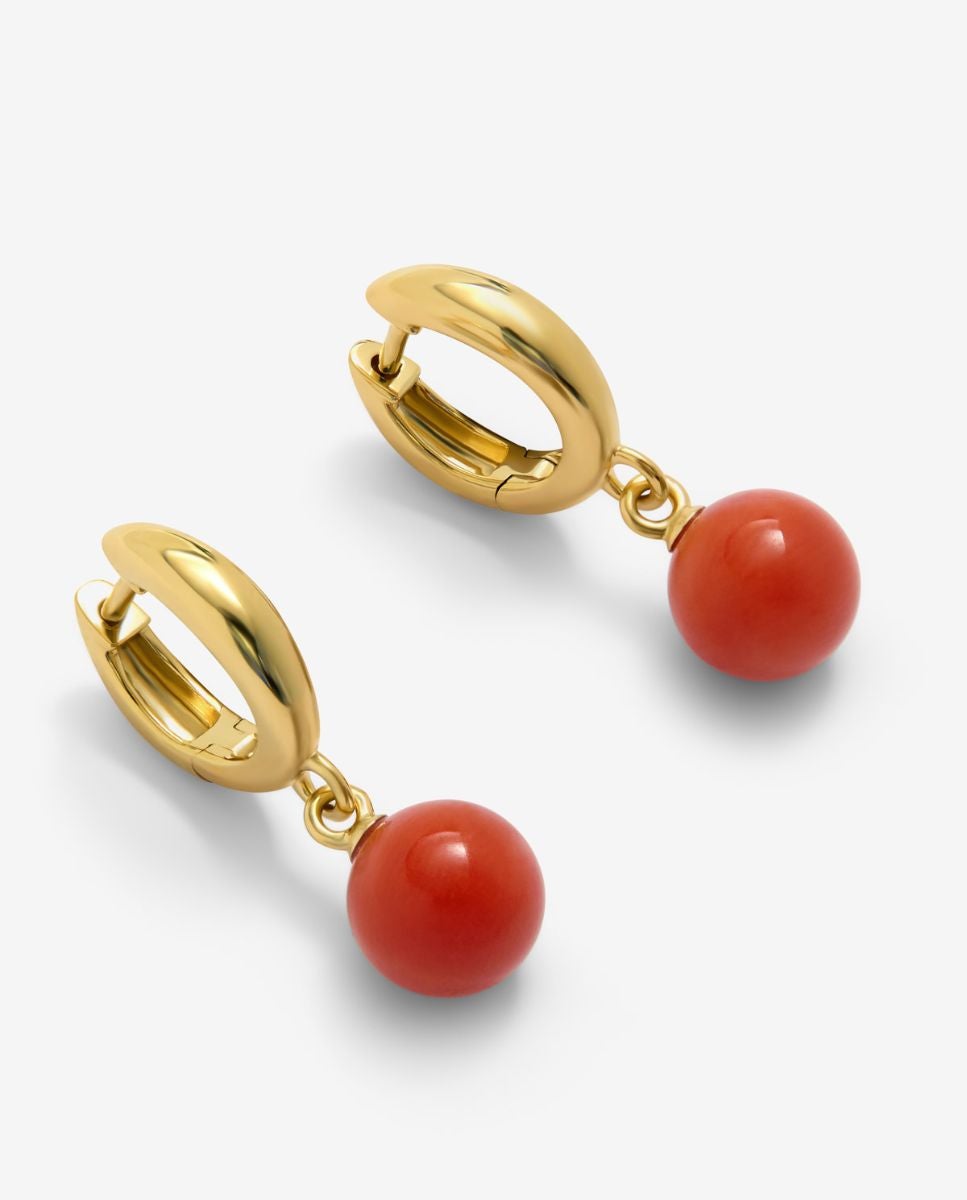 Pendientes de aro en oro amarillo de 18k con esferas de coral de 10,5 mm - SUAREZ - Rojo Rojo-3