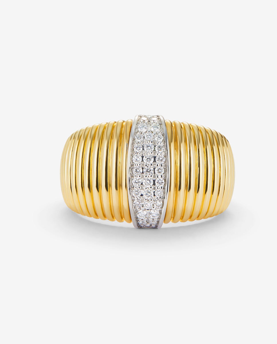 Anillo gallonado de oro blanco y amarillo de 18k con pavé de diamantes en talla brillante con un total de 0,19 cts - SUAREZ - Blanco Blanco-3