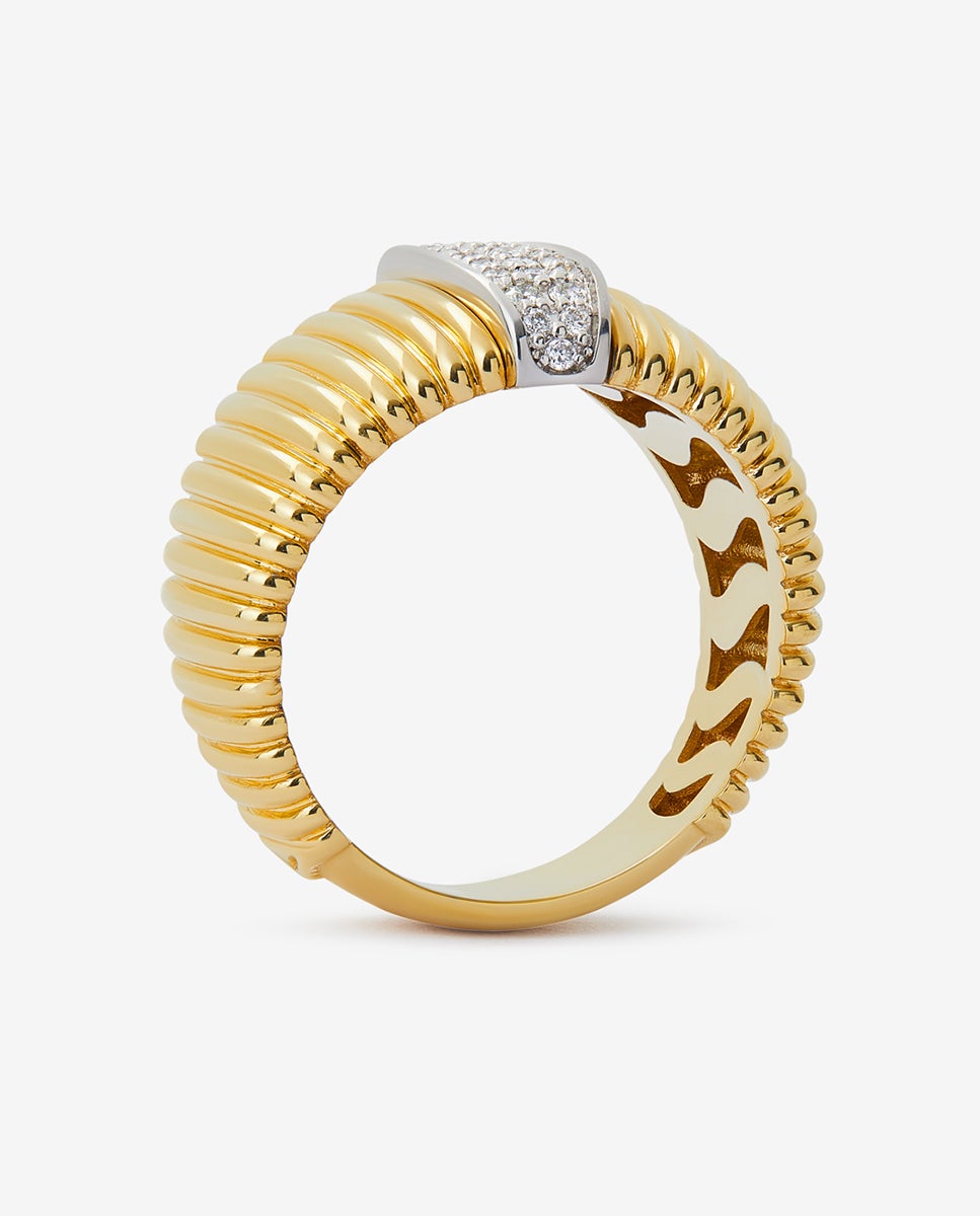 Anillo gallonado de oro blanco y amarillo de 18k con pavé de diamantes en talla brillante con un total de 0,19 cts - SUAREZ - Blanco Blanco-5