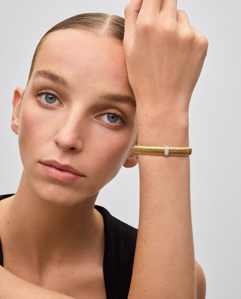 Pulsera rígida gallonada de oro blanco y amarillo de 18K con pavé de diamantes en talla brillante - SUAREZ - Blanco Blanco-2
