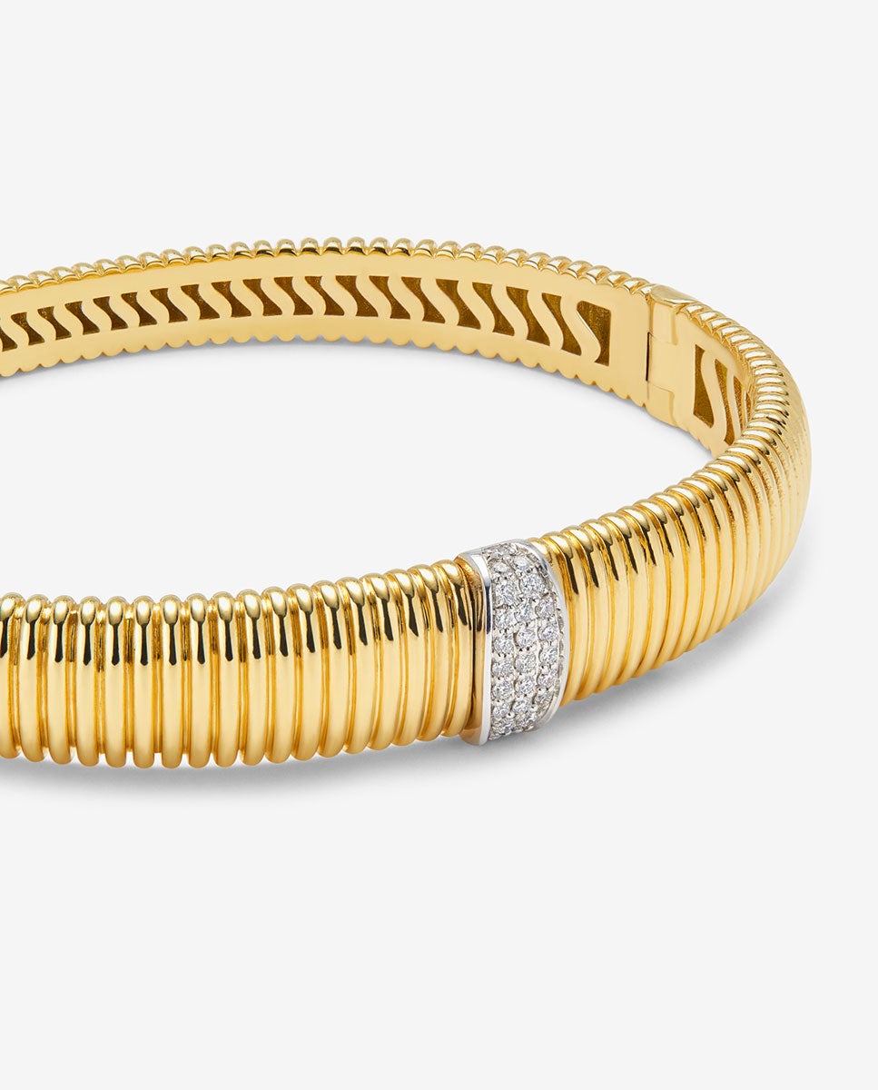 Pulsera rígida gallonada de oro blanco y amarillo de 18K con pavé de diamantes en talla brillante - SUAREZ - Blanco Blanco-3