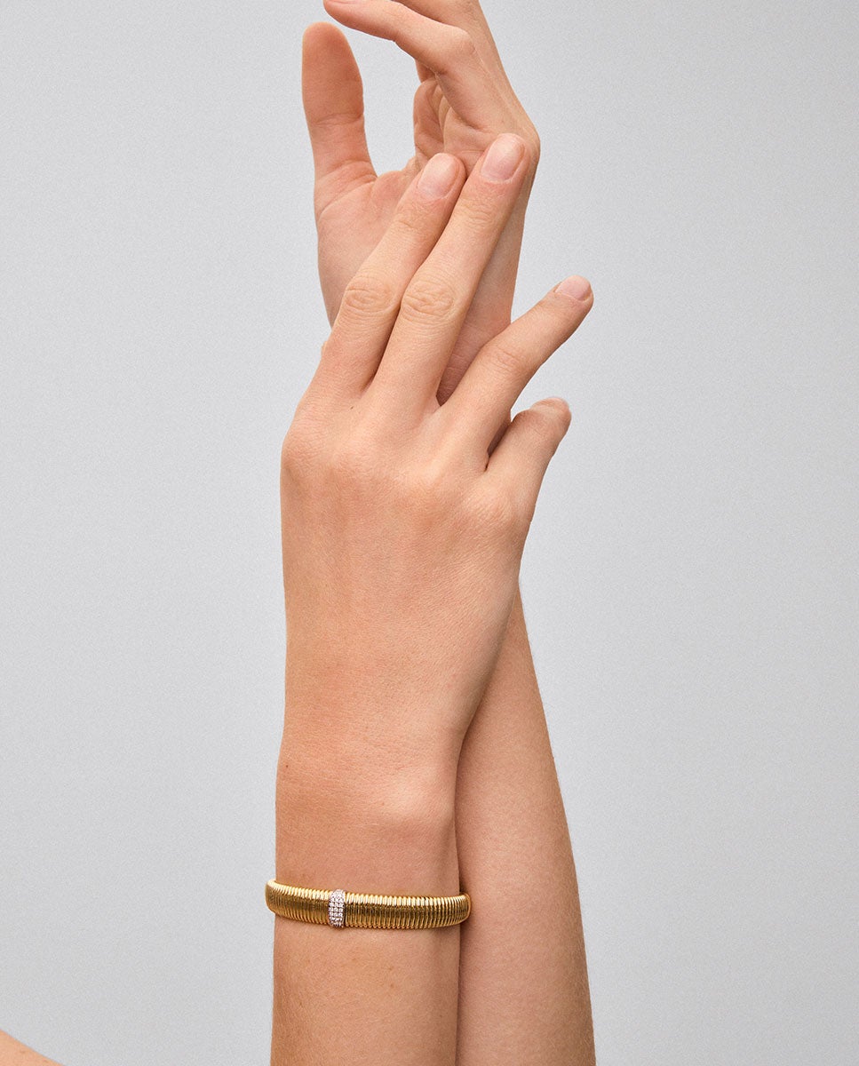 Pulsera rígida gallonada de oro blanco y amarillo de 18K con pavé de diamantes en talla brillante - SUAREZ - Blanco Blanco-4