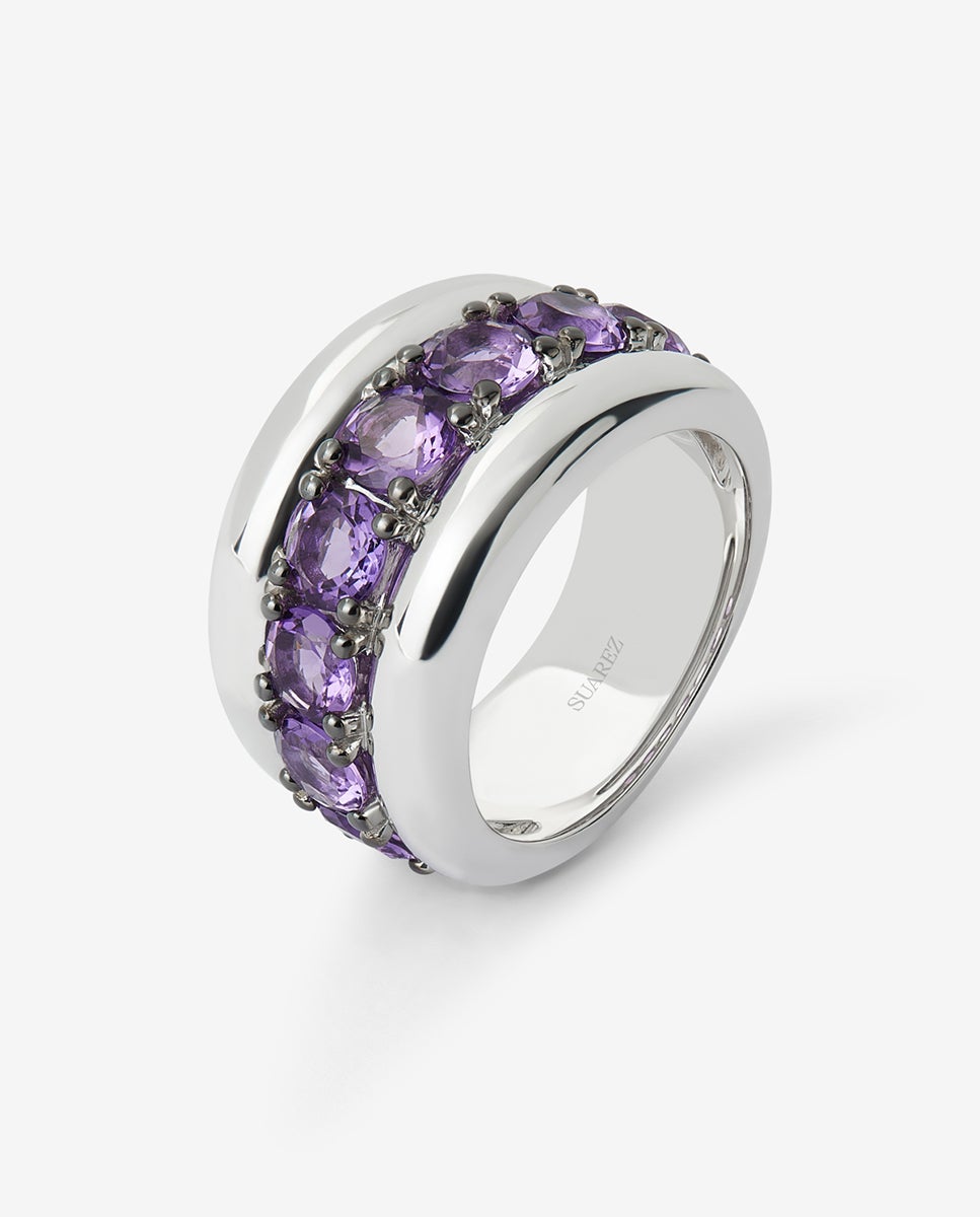 Anillo de plata 925 con pavé de amatistas moradas en talla brillante - SUAREZ - Morado Morado-1
