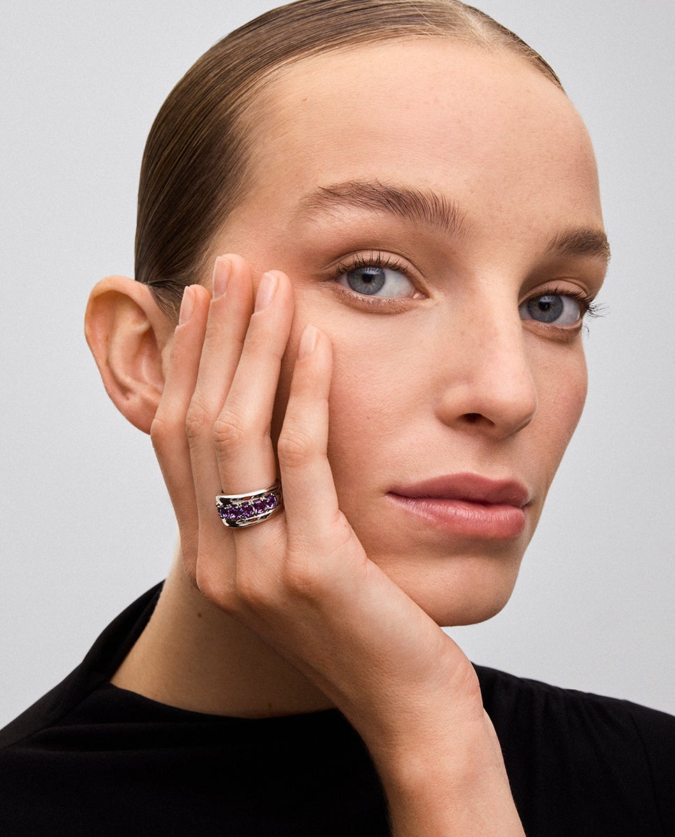 Anillo de plata 925 con pavé de amatistas moradas en talla brillante - SUAREZ - Morado Morado-2