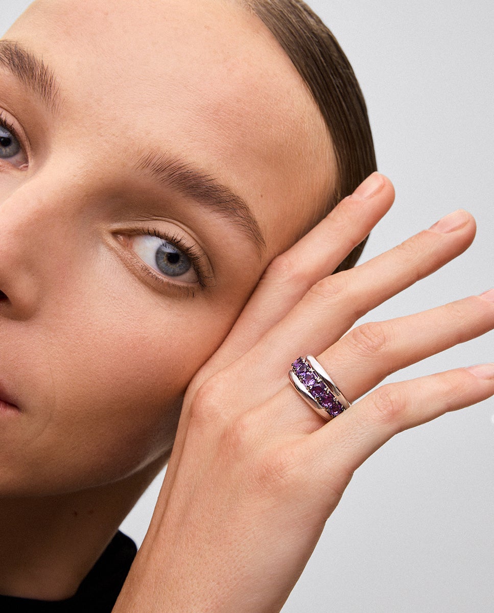 Anillo de plata 925 con pavé de amatistas moradas en talla brillante - SUAREZ - Morado Morado-4