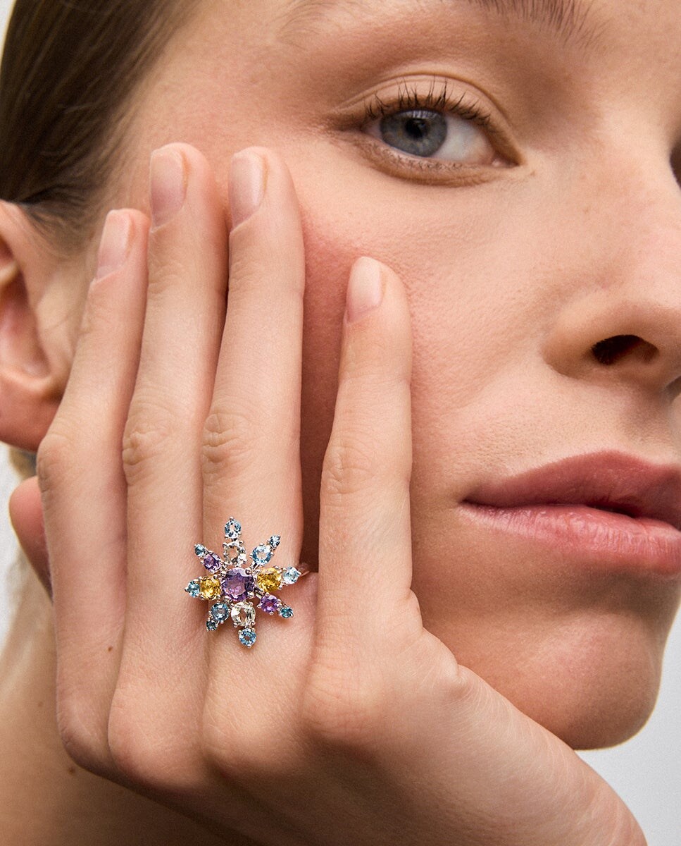 Anillo de plata 925 con amatistas, topacios y cuarzos citrinos Multicolor-4