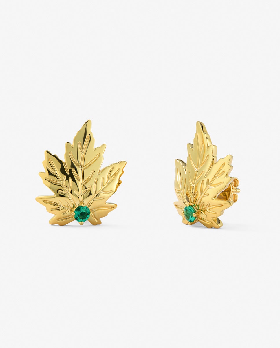 Pendientes de oro amarillo de 18k con 2 esmeraldas centrales en talla brillante con un total de 0,33 cts y forma de hoja de arce - SUAREZ - Blanco / Verde Blanco / Verde-1