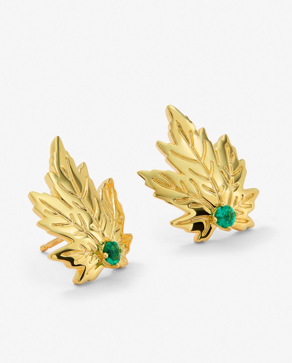 Pendientes de oro amarillo de 18k con 2 esmeraldas centrales en talla brillante con un total de 0,33 cts y forma de hoja de arce - SUAREZ - Blanco / Verde Blanco / Verde-3