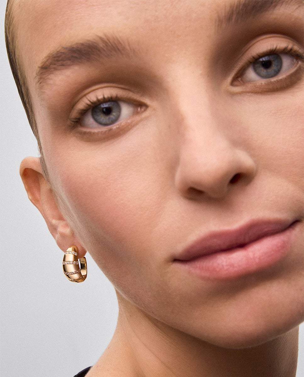 Pendientes de aro de oro amarillo de 18k con pavé de diamantes en talla brillante - SUAREZ - Blanco Blanco-4