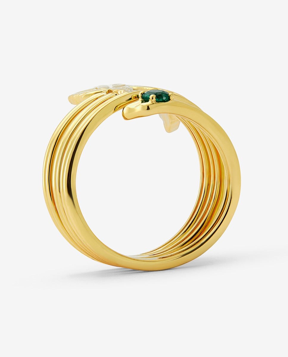 Anillo de oro amarillo de 18k con esmeralda en talla redonda de 0,11 cts y forma de hoja de arce - SUAREZ - Blanco / Verde Blanco / Verde-5