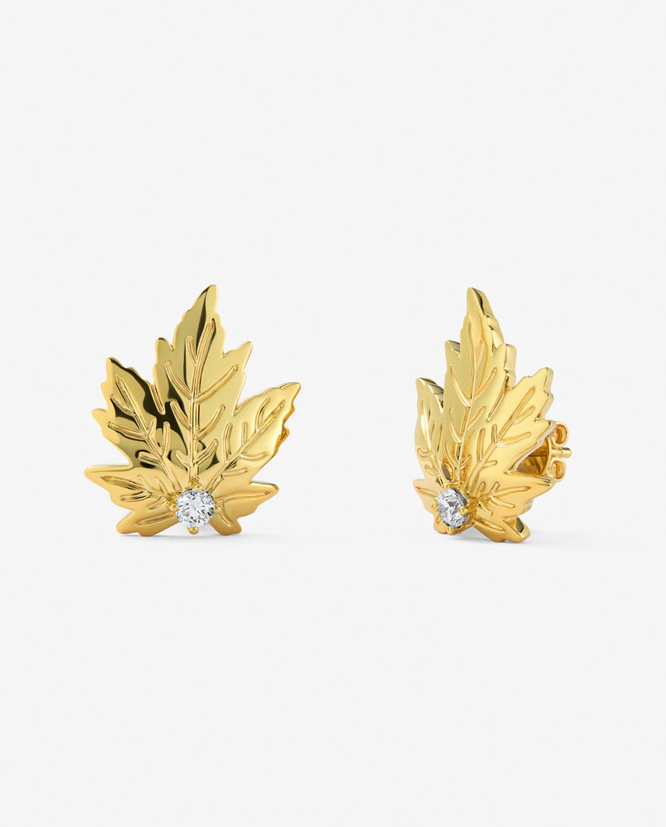 Pendientes de oro amarillo de 18k con 2 diamantes centrales en talla brillante y forma de hoja de arce - SUAREZ - Blanco Blanco-1