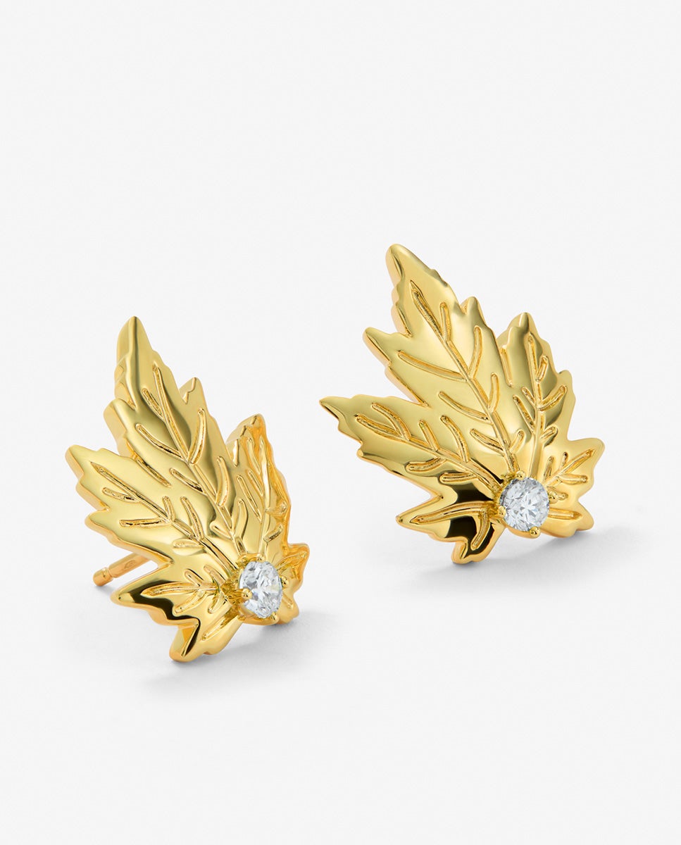 Pendientes de oro amarillo de 18k con 2 diamantes centrales en talla brillante y forma de hoja de arce - SUAREZ - Blanco Blanco-3