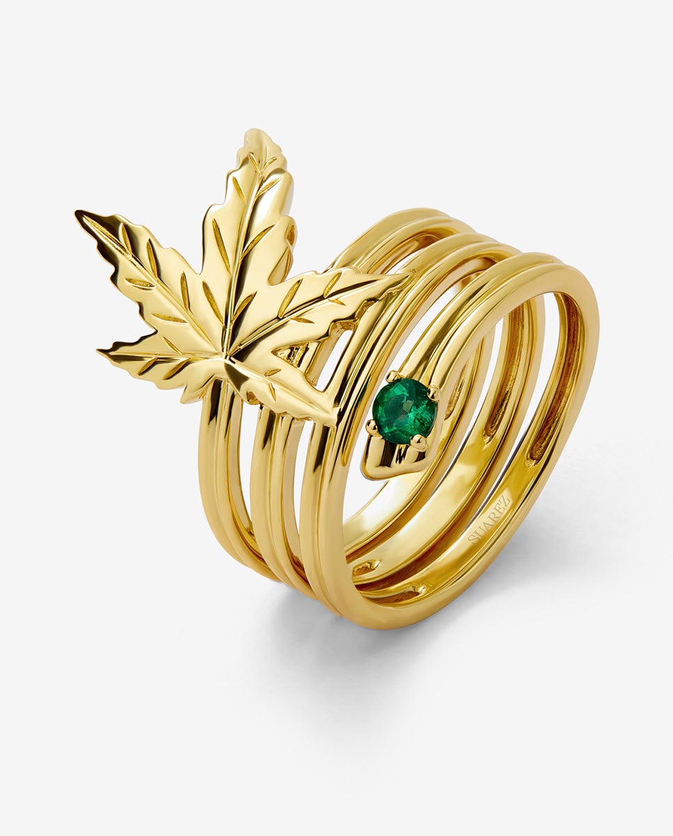 Anillo de oro amarillo de 18k con esmeralda en talla brillante de 0,11 cts y forma de hoja de arce - SUAREZ - Blanco / Verde Blanco / Verde-1