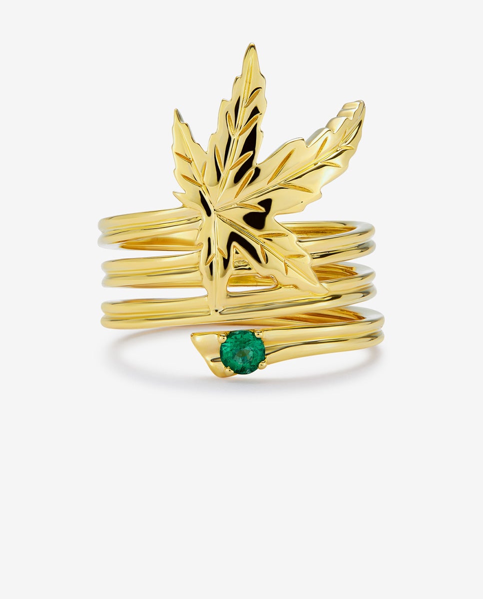 Anillo de oro amarillo de 18k con esmeralda en talla brillante de 0,11 cts y forma de hoja de arce - SUAREZ - Blanco / Verde Blanco / Verde-3