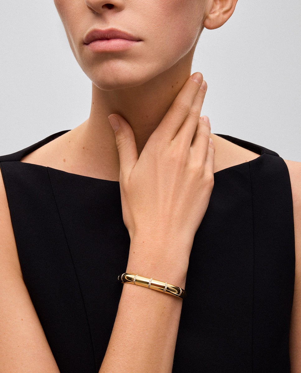 Pulsera rígida de oro amarillo de 18k con pavé de diamantes en talla brillante - SUAREZ - Blanco Blanco-2