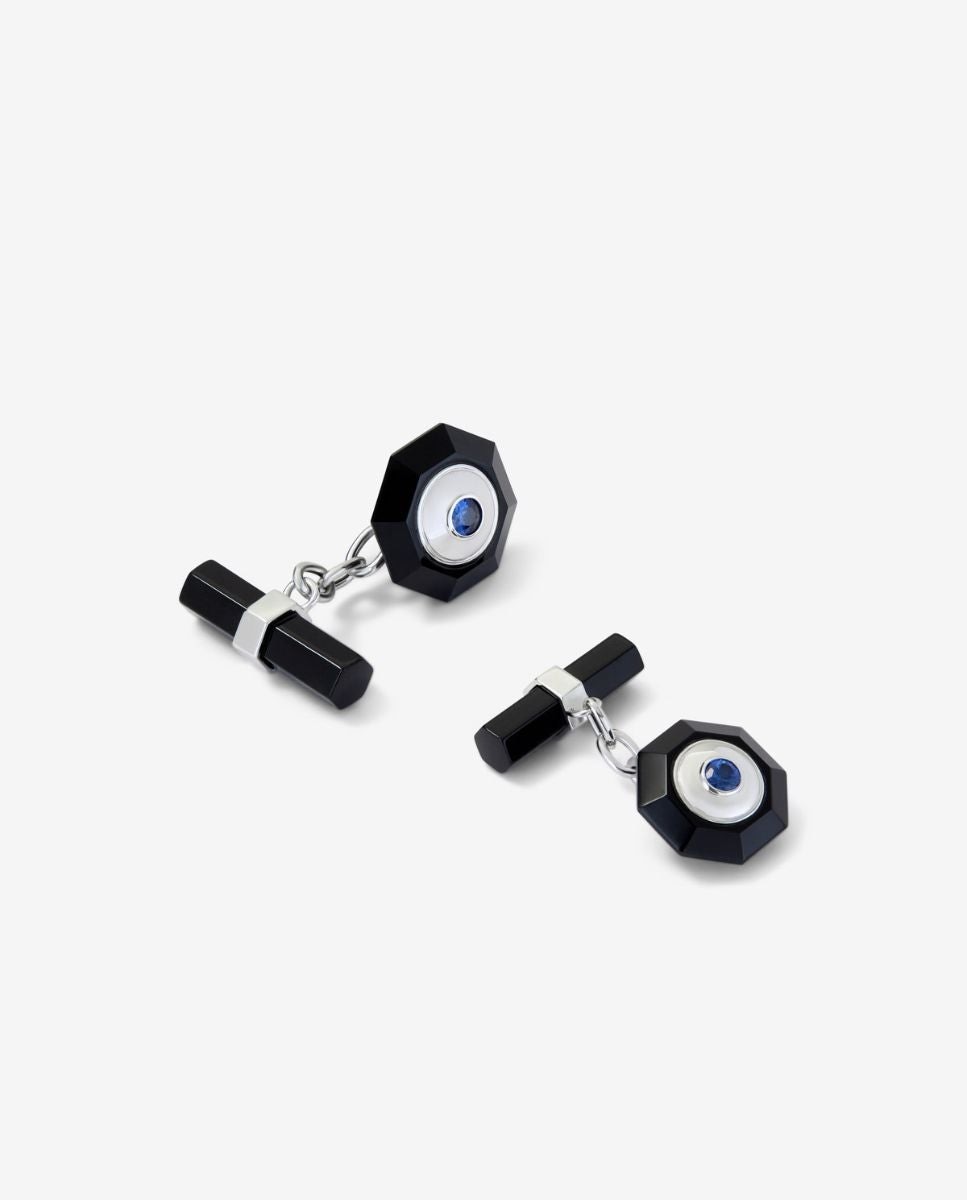 Gemelos de oro blanco de 18k con ónix negro en talla octogonal y zafiros azules - SUAREZ - Azul Azul-2