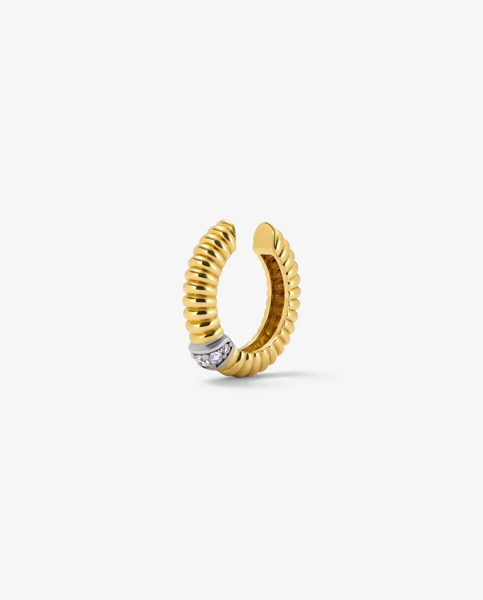 Imagen 0 de Pendiente individual gallonado de oro blanco y amarillo de 18k con pavé de diamantes en talla brillante con un total de 0,06 cts Blanco