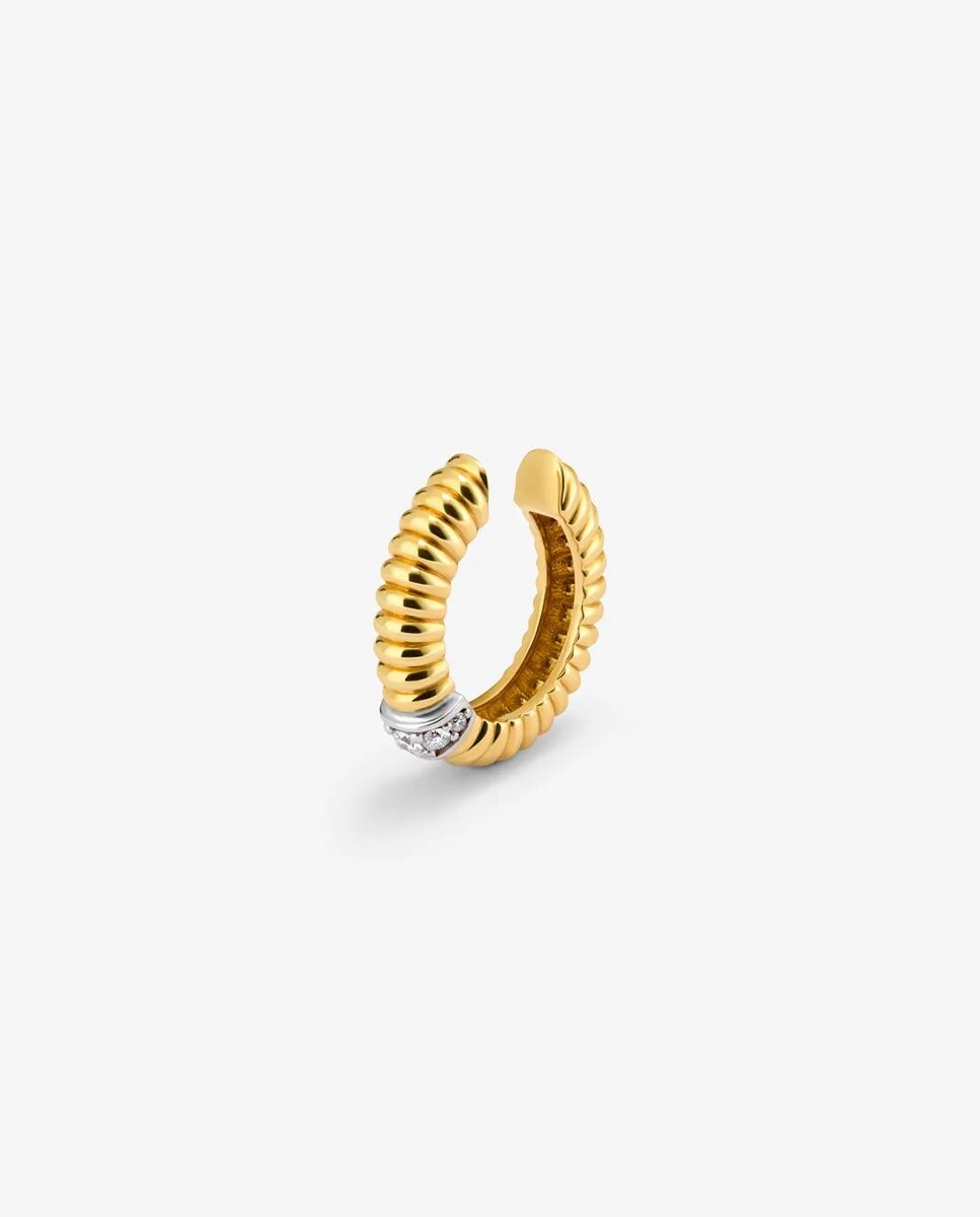 Pendiente individual gallonado de oro blanco y amarillo de 18k con pavé de diamantes en talla brillante con un total de 0,06 cts - SUAREZ - Blanco Blanco-3