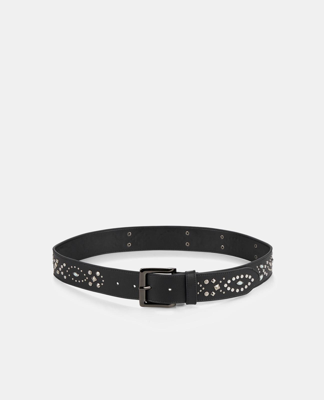 Alma en Pena - Cinturón de mujer de piel con hebilla cuadrada y tachas de pedrería.