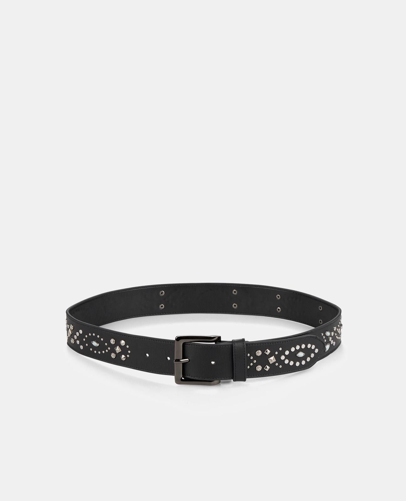 Alma en Pena - Cinturón de mujer de piel con hebilla cuadrada y tachas de pedrería.