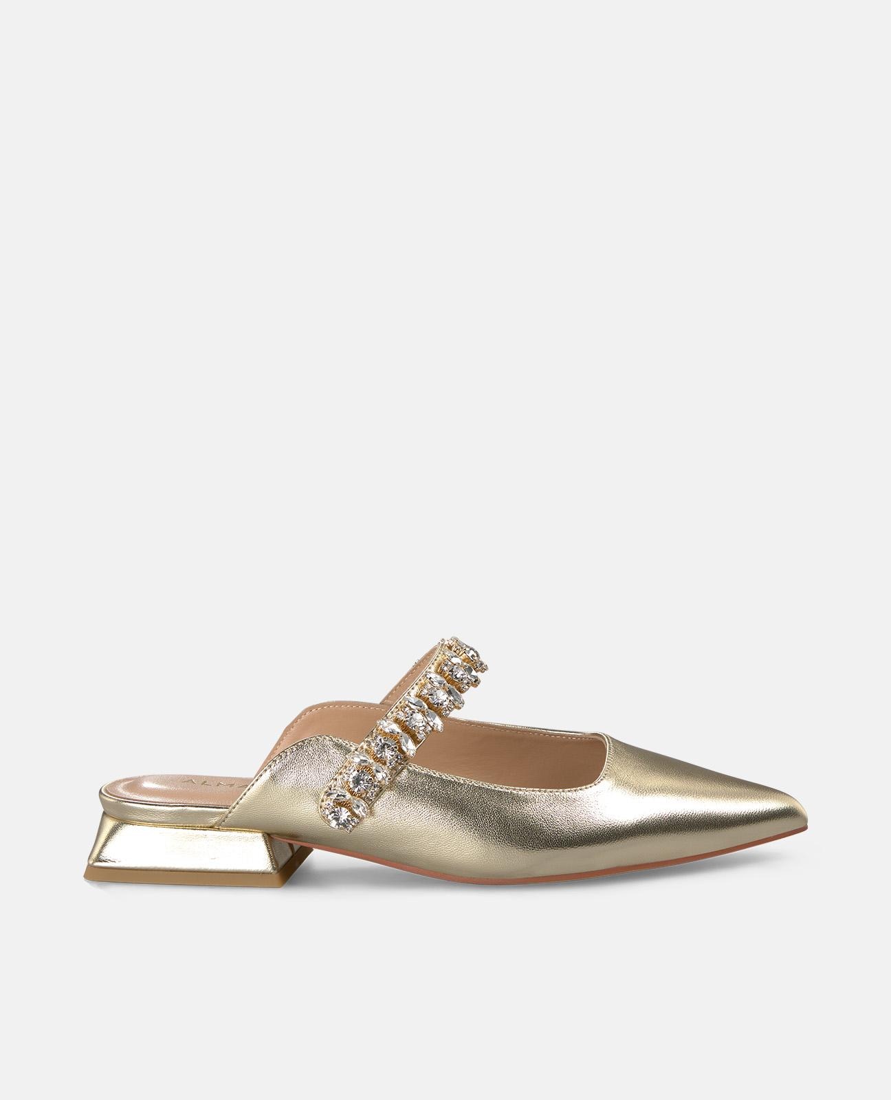 Mules con tacón de mujer con puntera afilada y tira de pedrería sobre el empeine - Alma en Pena - Oro Oro-1