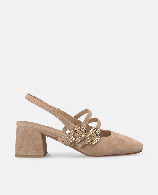 Imagen 0 de Zapatos de tacón de mujer destalonado con hebillas de pedrería y puntera redondeada
