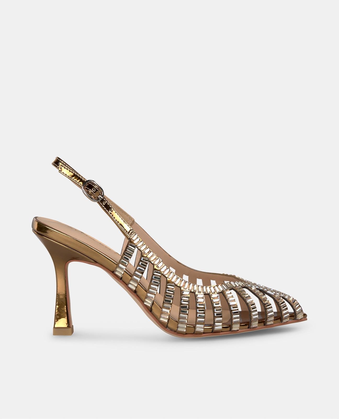 Alma en Pena - Zapatos de salón de mujer con pedrería efecto cristal y cierre con hebilla.