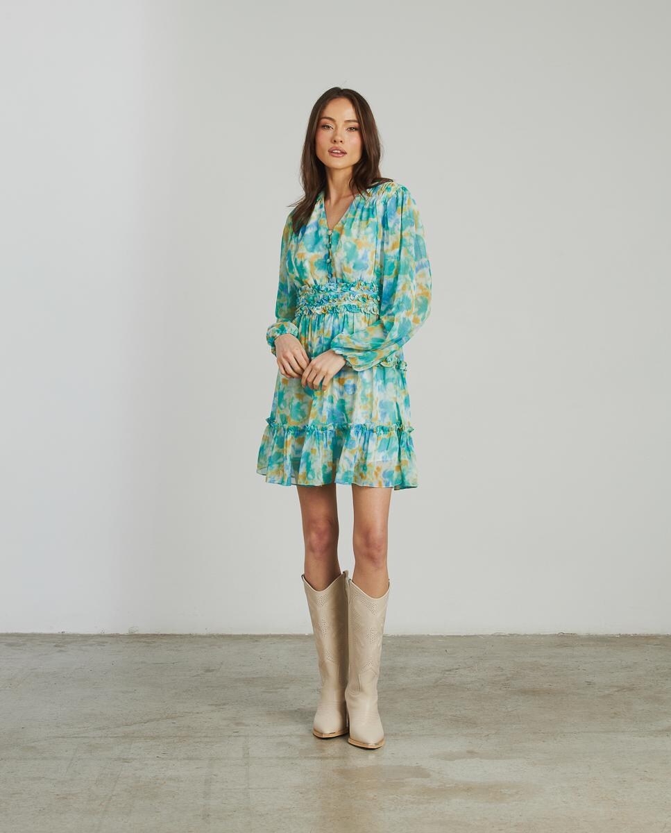 Vestido corto estampado con cintura fruncida escote en pico y - Main Image