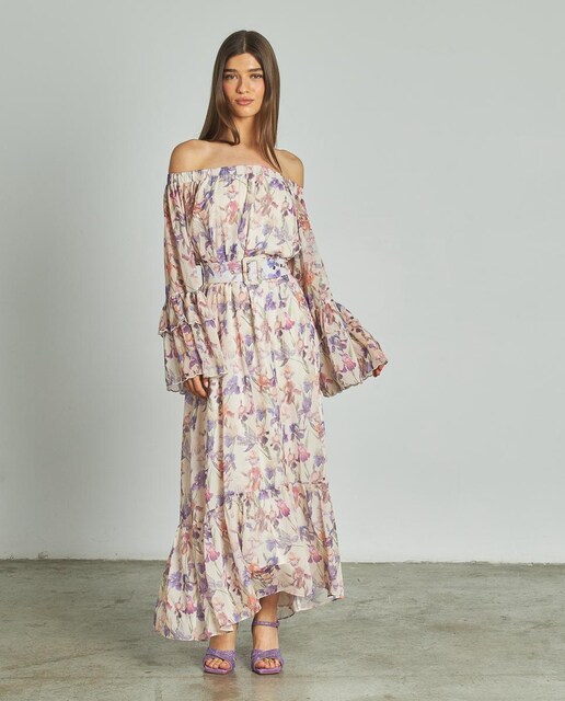 Imagen 0 de Vestido midi estampado con manga larga acabada en volantes