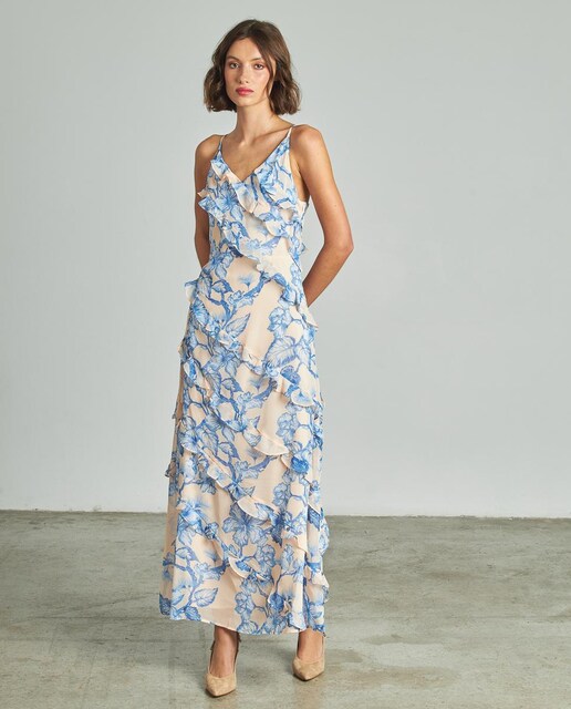 Imagen 0 de Vestido midi de tirantes con volantes con escote en pico