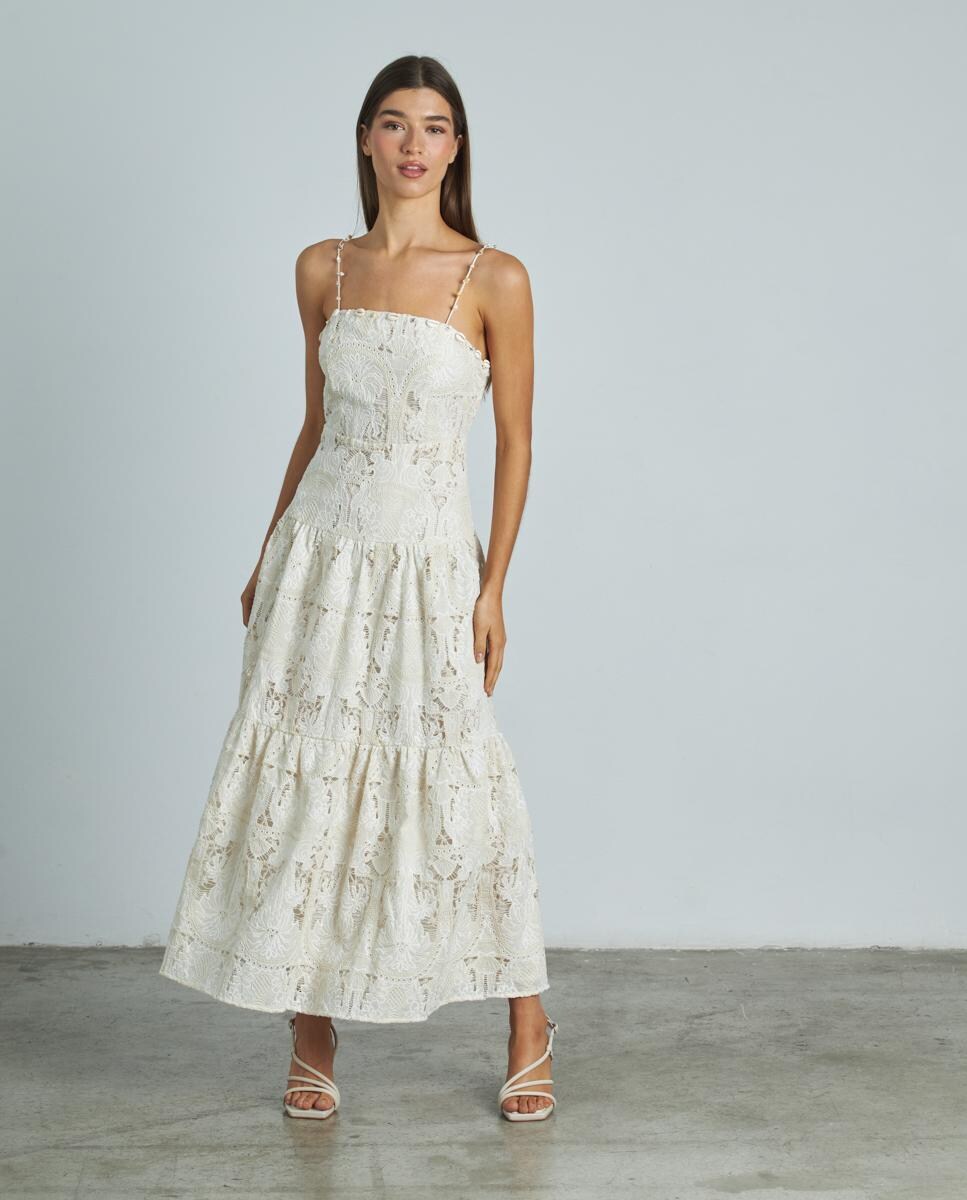 Vestido largo con tiras de caracolas 36/S Blanco