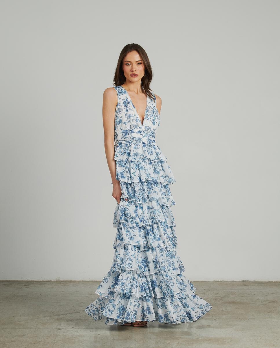 Vestido largo estampado con vuelo y escote en pico · Alma en Pena