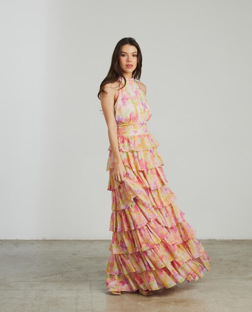 Imagen 0 de Vestido largo estampado con cuello halter fruncidos y volantes