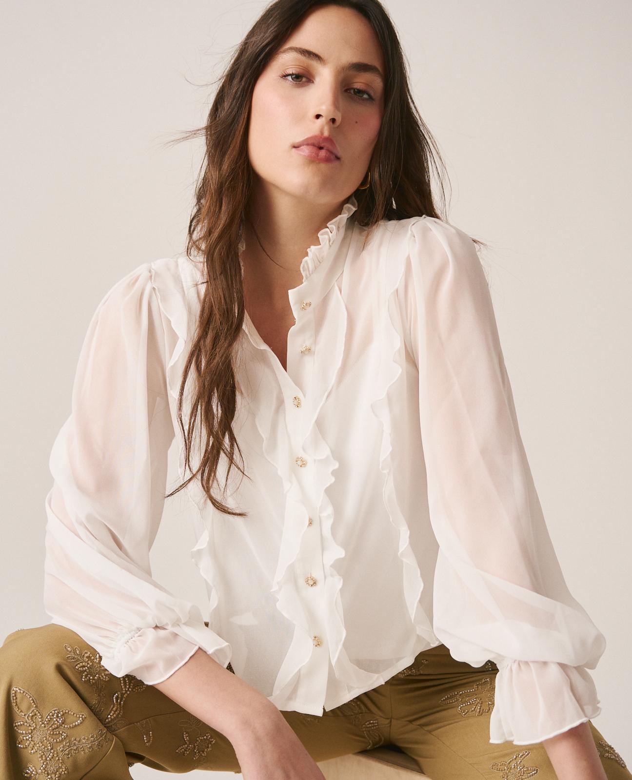 Alma en Pena - Camisa de mujer con volantes cuello con lazo y manga larga fruncida.