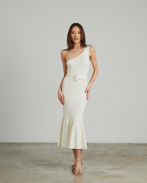 Imagen 0 de Vestido midi asimétrico con cintura ajustada y bajo con vuelo