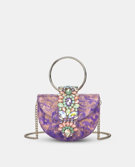 Imagen 0 de Bolso de mano media luna convertible a bandolera de piel con pedrería
